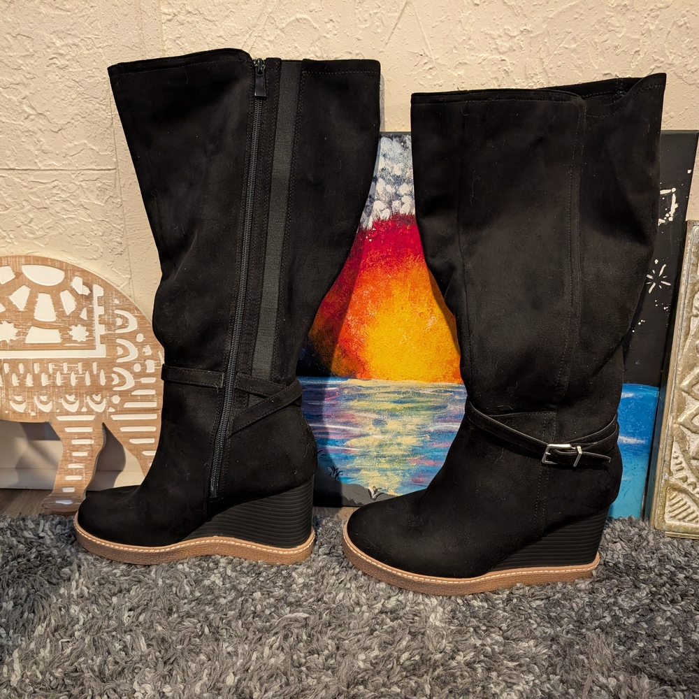 Black Wedge Knee-High Boots